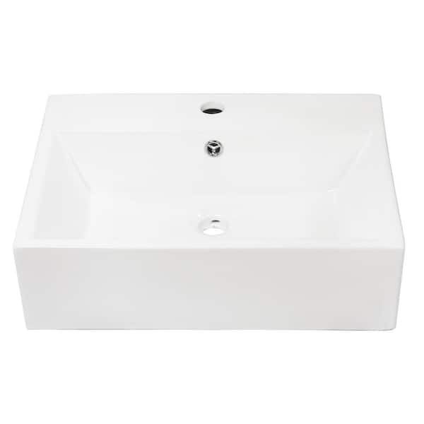 Sarlai Rectangular Vessel Sink in White with Faucet Hole and Overflow