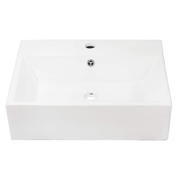 Sarlai Rectangular Vessel Sink in White with Faucet Hole and Overflow ...