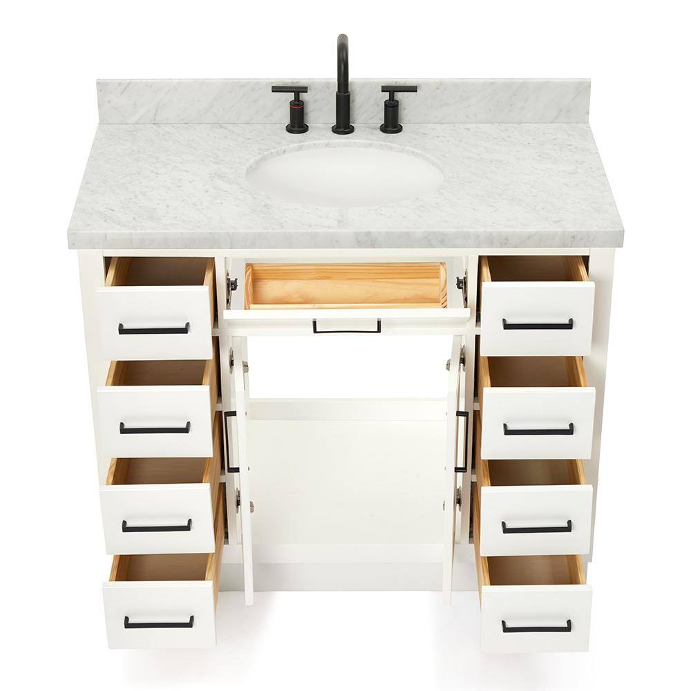 White Freestanding Vanity with Carrara Marble Top and Basin