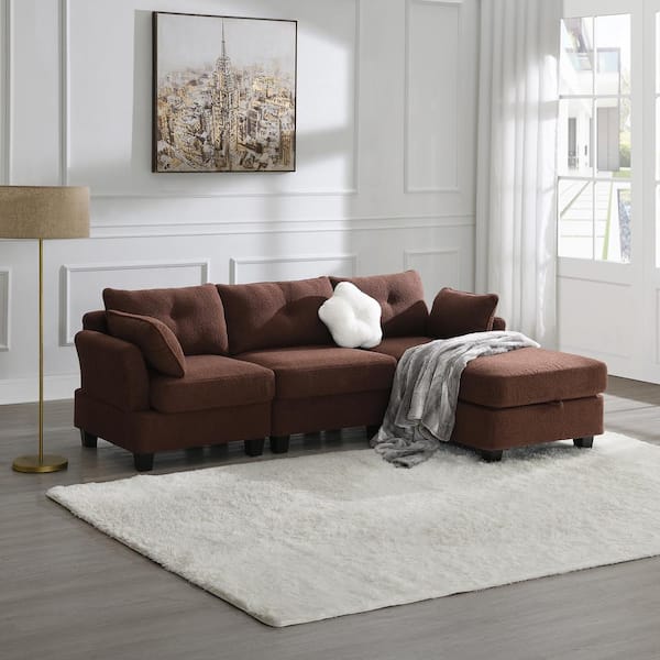 sumyeg 92 in. Modern L-Shaped Teddy Velvet Sectional Sofa in Brown with Storage Ottoman, Charging Ports