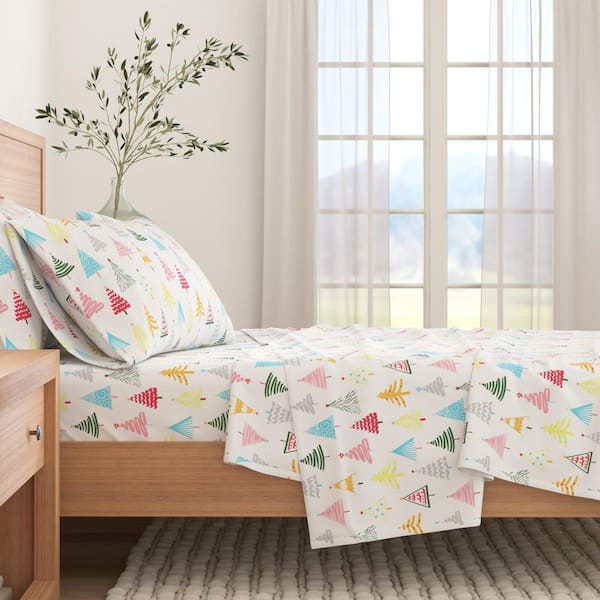 White 4-Piece Winter Printed Turkish Cotton Flannel King Sheet Set
