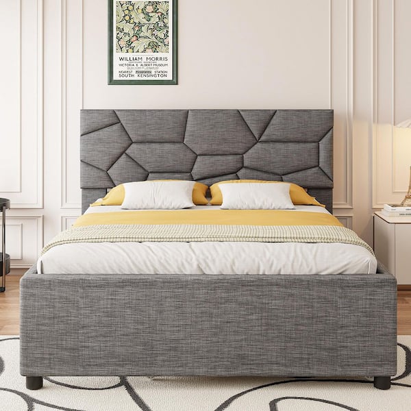 Gray Wood Frame Twin XL Size Platform Bed with Brick Pattern Headboard and Twin Xl Size Trundle