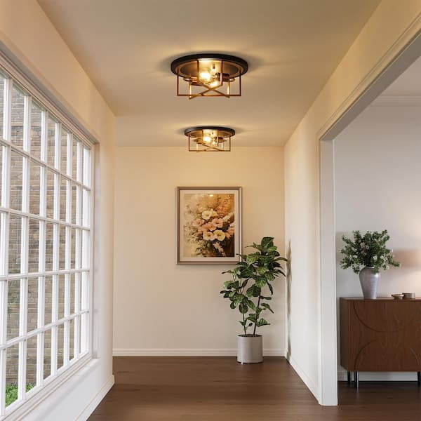 13 in. Modern 2-Light Black and Gold Flush Mount Ceiling Light Hallway, Bedroom (No Bulbs Included)
