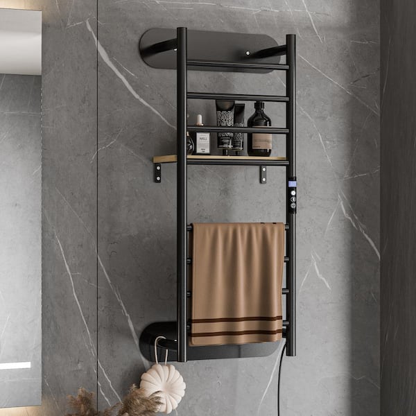 FUFU&GAGA 12.8 in. Wall-Mounted Electric Plug-in Lavatory Towel Warmer 7-Towel Holders with Heated Towel Bars, Shelf, in Black
