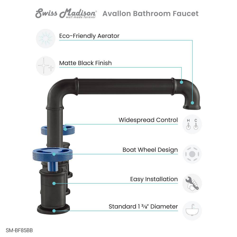 Swiss Madison Avallon Matte Black 8" Widespread Bathroom Faucet with Blue Handles