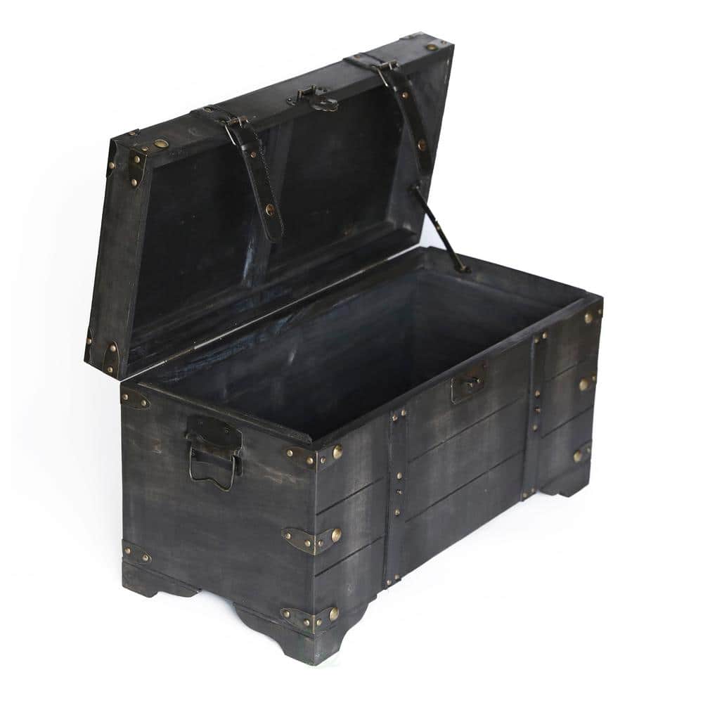 Distressed Black Medium Wooden Storage Trunk with Faux Leather Straps