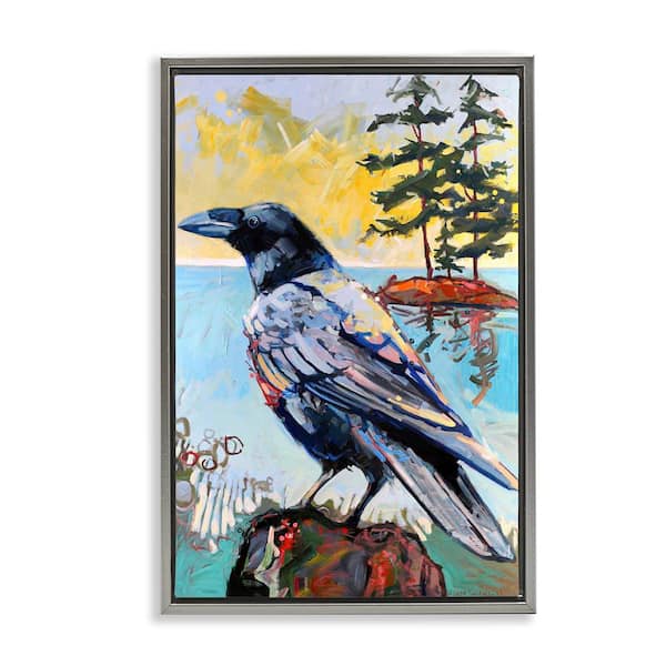 Stupell Industries Crow in Modern Landscape by Adam Swanson Gray Floater Frame Animal Graphic Art Print 25 in. x 17 in.