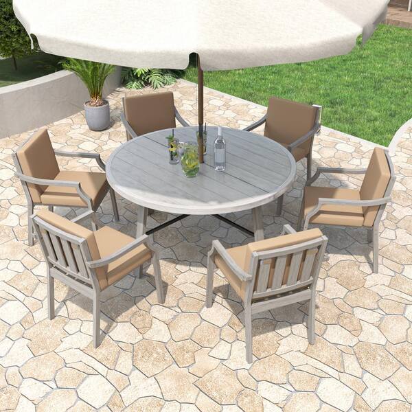 Nestfair 7Piece Antique Gray Wood Outdoor Dining Set with an Umbrella