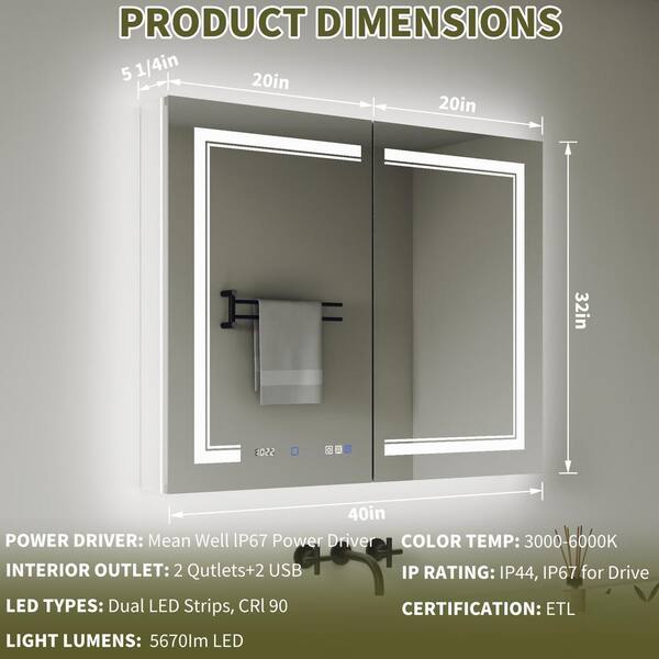 GroGro Delux2 40 in. W x 32 in. H Rectangular Recessed/Surface Mount Medicine Cabinet with Mirror, Backlit and Front Light