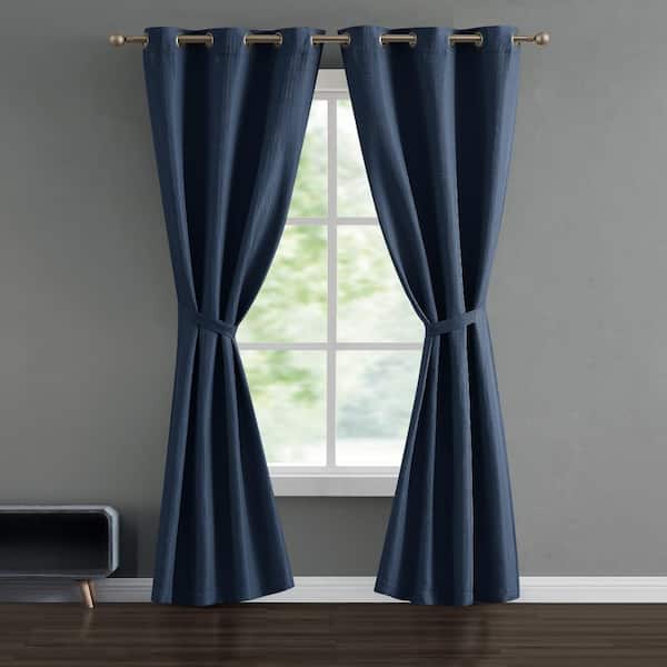 French Connection Tanner Blue 38 in. W x 84 in. L Grommet Room Darkening Tiebacks Curtain (2-Panels)