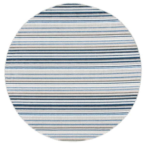 Cabana Gray/Blue 3 ft. x 3 ft. Striped Round Indoor/Outdoor Area Rug