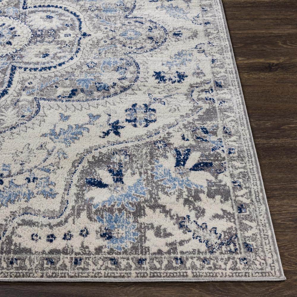 Gray and Blue Vintage Medallion Low Pile Area Rug