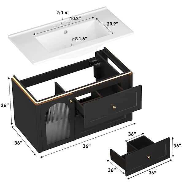 Findepot 36 in. Floating Black Bath Vanity with White Ceramic Top