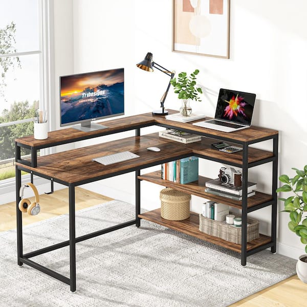 Tribesigns Way to Origin Perry 69 in. Brown Reversible Large Corner L Shaped Computer Writing Desk Monitor Stand Storage Shelf Home Office