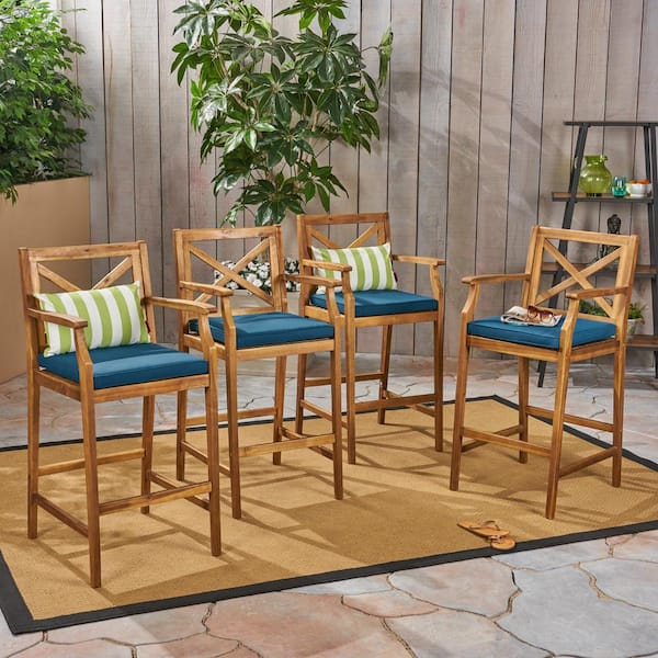 Noble House Perla Teak Brown Wood Outdoor Bar Stool with Blue Cushion (4-Pack)