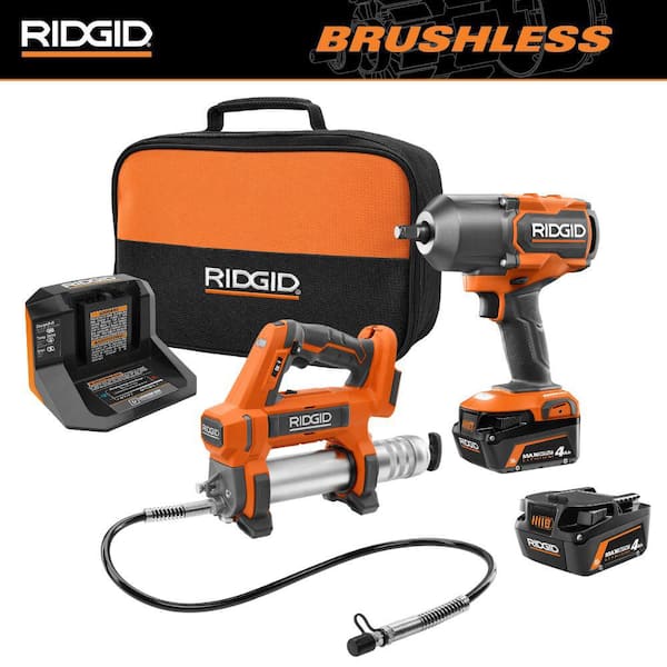 18V Brushless Cordless 4-Mode 1/2 in. High-Torque Impact Wrench Kit w/ (2) 4.0 Ah Batteries, Charger, & Grease Gun