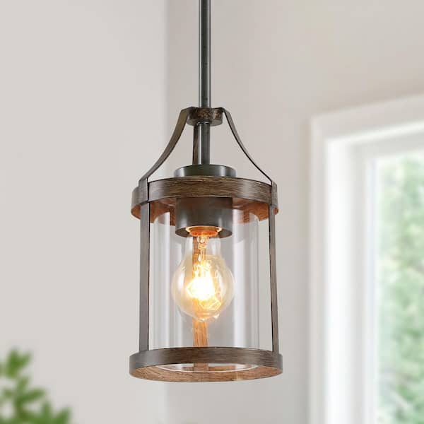 Modern Farmhouse Brown 6 in. W 1-Light Pendant Light Rust and Faux Wood Accent Pendant with Clear Glass Shade