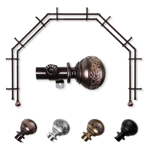 EMOH 13/16" Dia Adjustable 5-Sided Double Bay Window Curtain Rod 28 to 48" (each side) with Douglas Finials in Cocoa