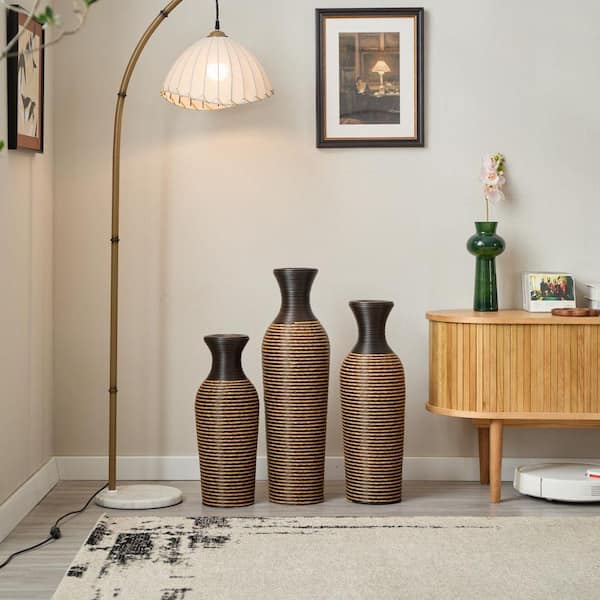 20 in. 24 in. 28 in. Beige Plastic Cylinder Decorative Floor Vases Artificial Rattan Vase for Living Room Set of 3