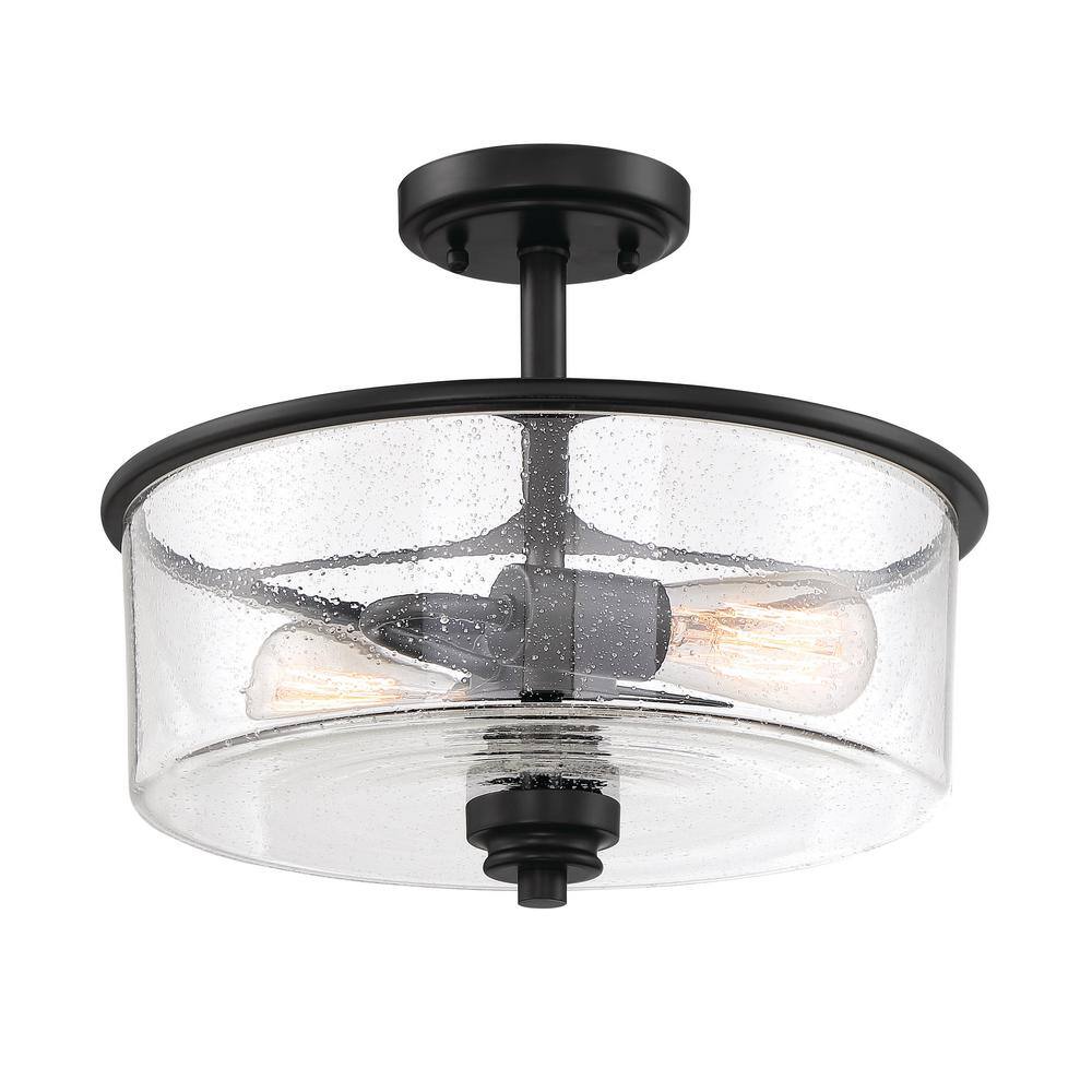 Flat Black 13" Drum Shade Semi-Flush Mount Light with Clear Glass