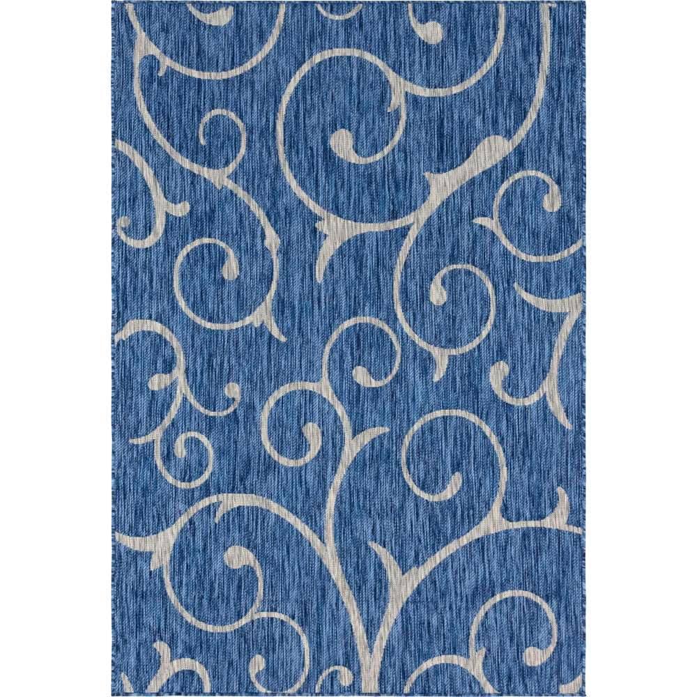 Azure Blue and White Rectangular Synthetic Outdoor Rug, 6' x 9'