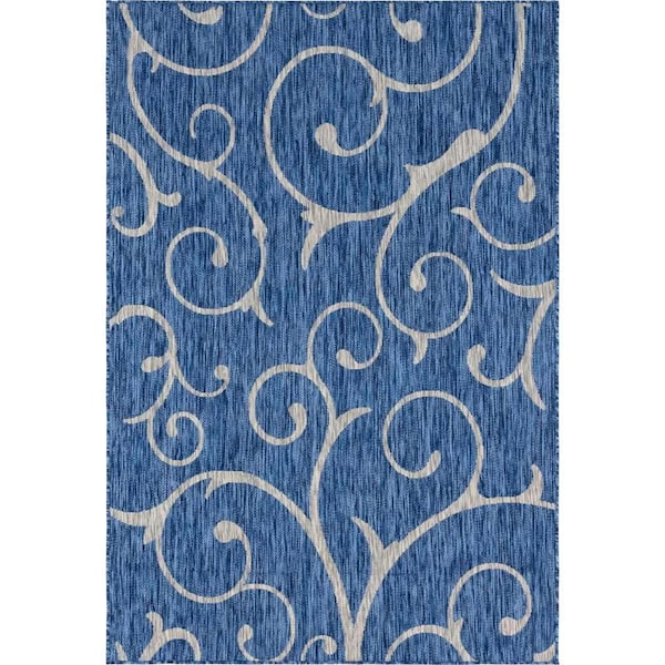 Unique Loom Outdoor Curl Azure Blue 6 ft. x 9 ft. Area Rug