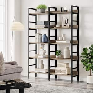 Perry 71 in. Tall 5-Tier Wood Metal Industrial Light Brown Etagere Bookcase Bookshelf Open Back Free Standing Storage