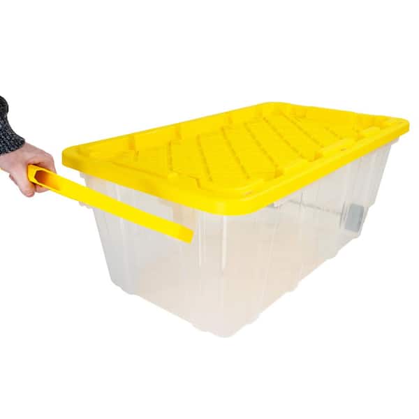 40 Gal. Tough Storage Tote with Wheels and Handle in Clear and Yellow