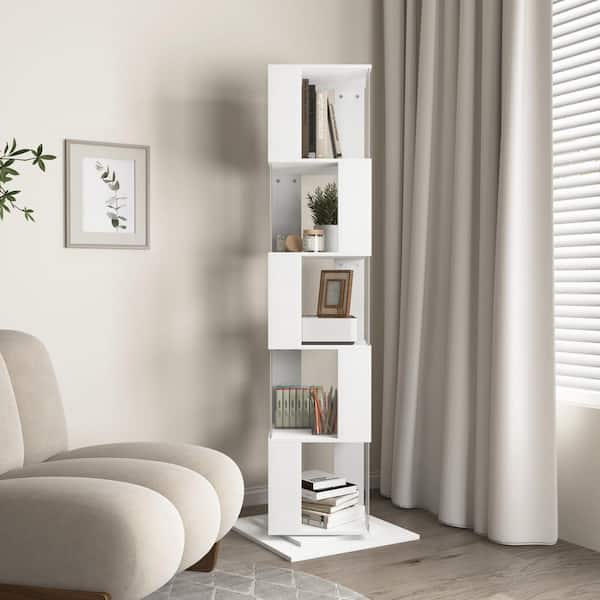 5-Tier Rotating Bookshelf, Floor Rack, Multi-Function Creative Bookshelf with Acrylic Plate, Anti-Toppling Base, White