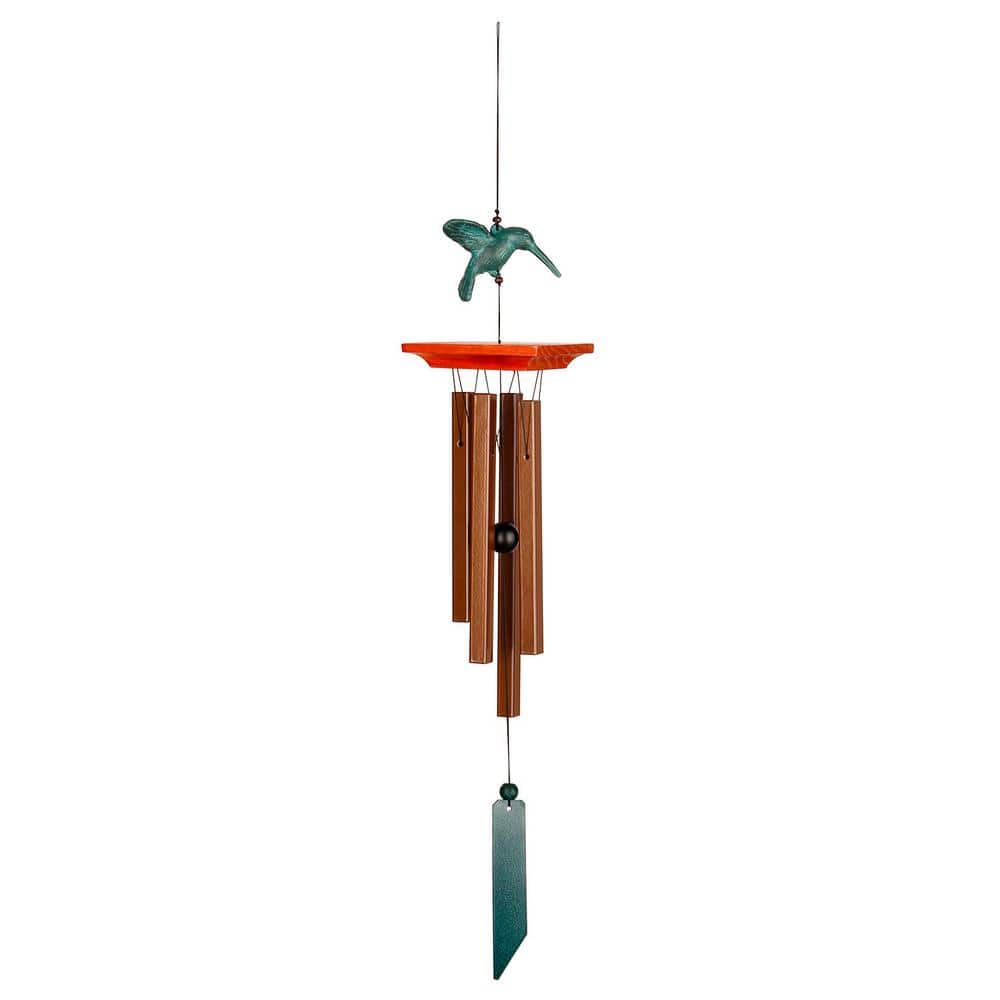 Bronze and Verdigris Hummingbird Wind Chime with Pine Wood