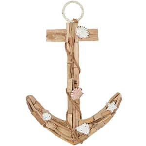 15 in. x  23 in. Wood Brown Handmade Driftwood Inspired Anchor Wall Decor with Shell and Rope Accents