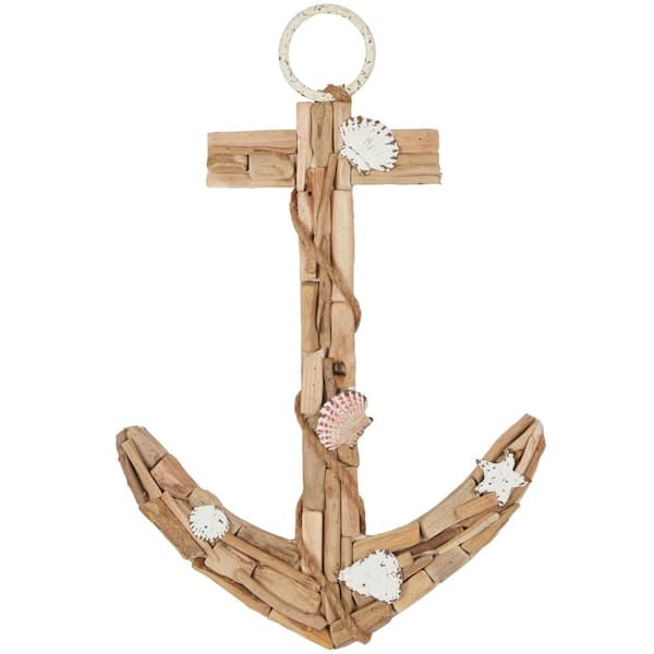 Litton Lane 15 in. x  23 in. Wood Brown Handmade Driftwood Inspired Anchor Wall Decor with Shell and Rope Accents