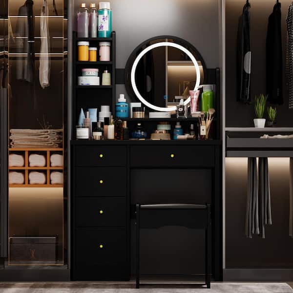 FUFU&GAGA 5-Drawers Black Wood Makeup Vanity Set Dressing Desk W/Stool, LED Round Mirror and Storage Shelves FUFU&GAGA 5-Drawers Black Wood Makeup Vanity Set Dressing Desk W/Stool, LED Round Mirror and Storage Shelves