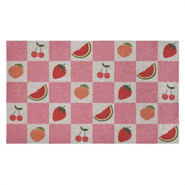 Pink Kitchen Fruits Checkered Pink 18 in. x 30 in. Polyester Non-Slip Outdoor Door Mat