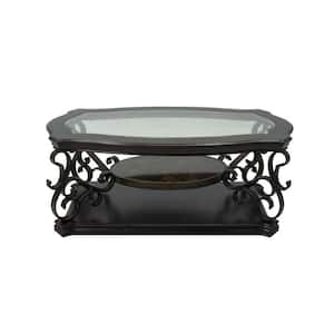 52 in. Dark Brown Specialty Glass Table Top Coffee Table With Marble Paper Middle Shelf and Metal Legs