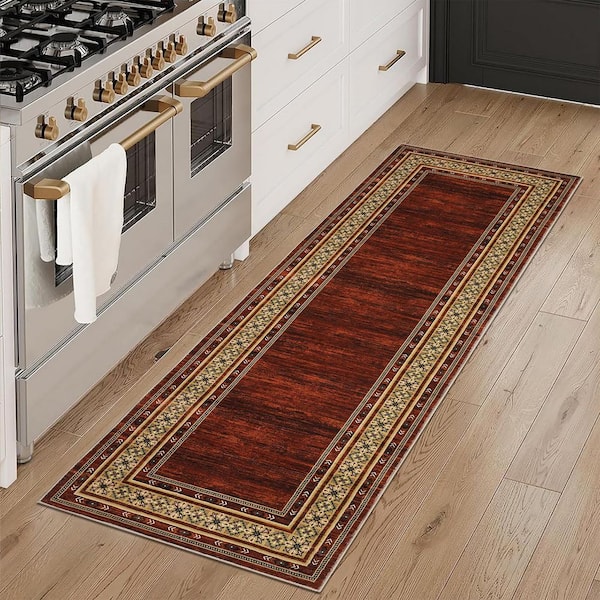 Red 2 ft. x 6 ft. Washable Bordered Runner Rug, Non Slip Low Pile Stain Resistant Rug for Hallway, Entryway