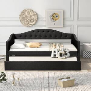 Black Upholstered Twin Size Daybed with Trundle, Tufted Button Details