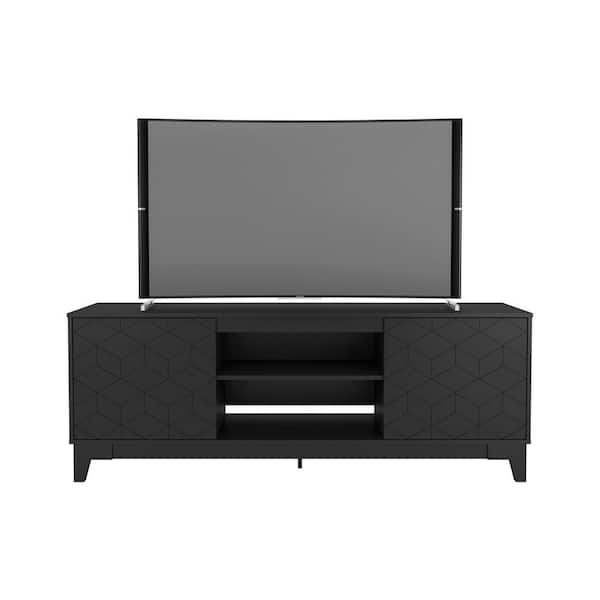 Nexera Hexagon 71 in. Black Engineered Wood TV Stand Fits TVs Up to 80 in. with Storage Doors
