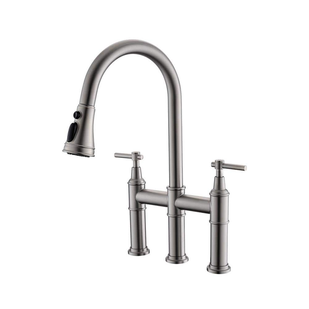 Double Handle Bridge Kitchen Faucet with Pull Down Sprayer 304 Stainless Steel Commercial Sink Faucets in Brushed Nickel -  FLG, CC-0220-BN