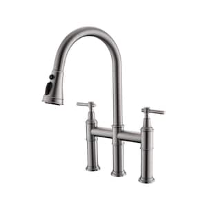Double Handle Bridge Kitchen Faucet with Pull Down Sprayer 304 Stainless Steel Commercial Sink Faucets in Brushed Nickel