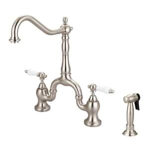 Carlton Two Handle Bridge Kitchen Faucet with Porcelain Lever Handles in Brushed Nickel