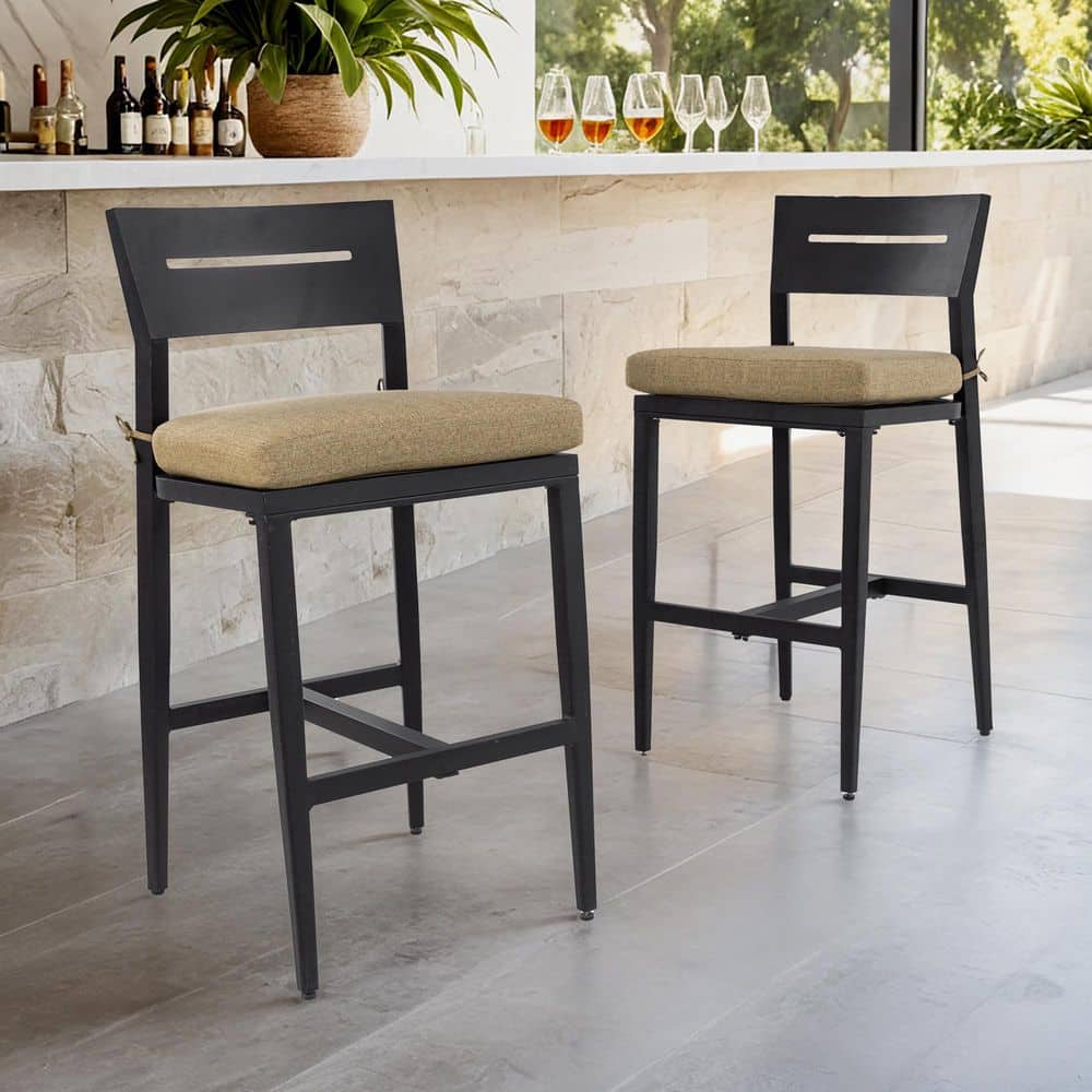 29 in. Black Aluminum Outdoor Bar Stools Set of 2, All-Weather Bar Chairs with Khaki Cushions, for Patio Kitchen Counter price history on PriceWatchPro