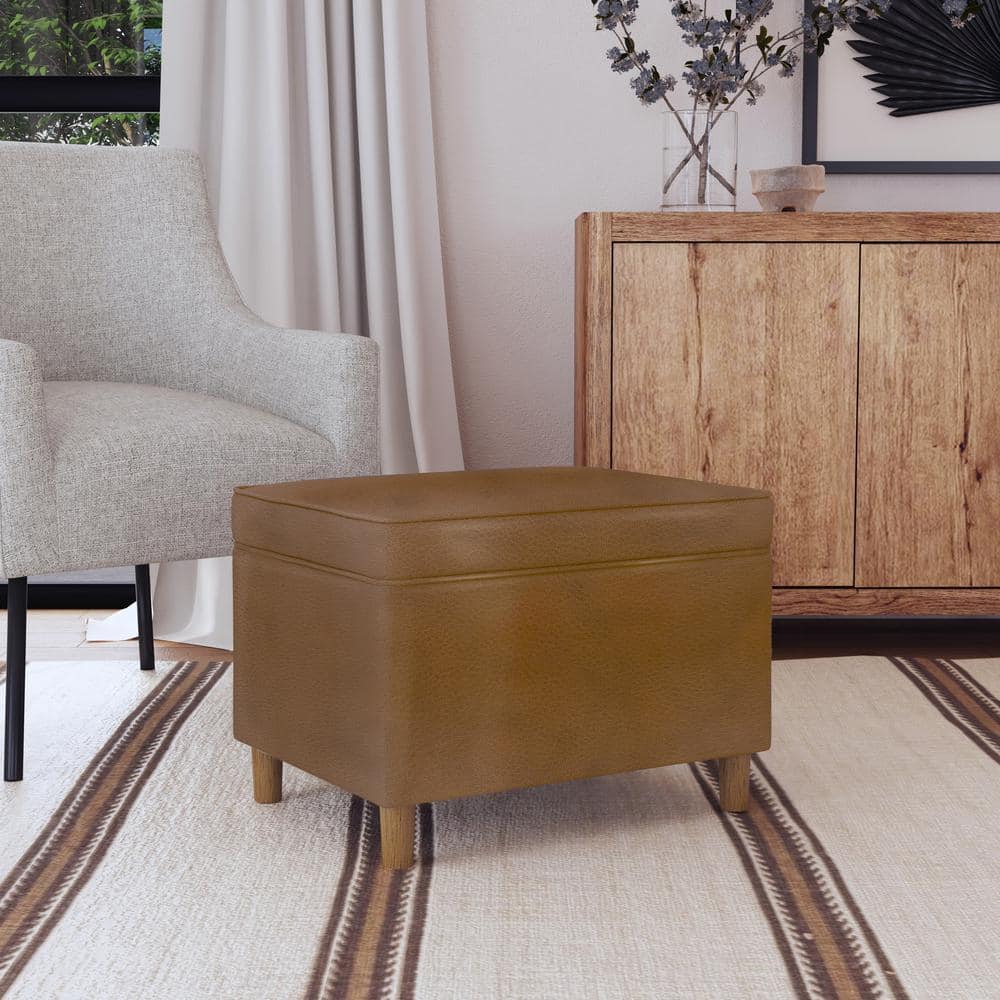24" Dark Brown Faux Leather Storage Ottoman with Honey Oak Legs