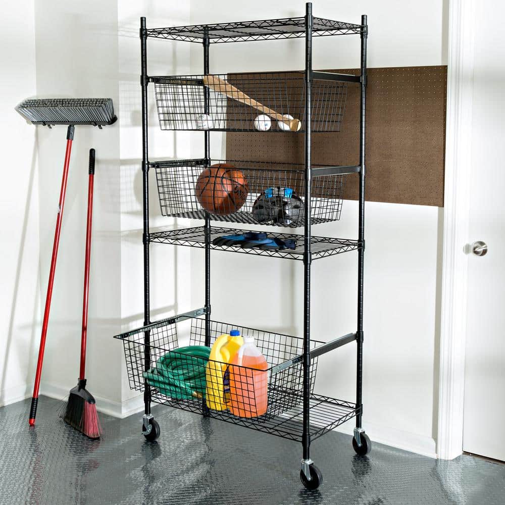 Adjustable Black 3-Shelf Heavy-Duty Storage Rack with Pull-Out Baskets