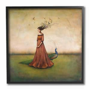 12 in. x 12 in. "Beauty and Birds in Her Hair Woman and Peacock Illustration" by Duy Huynh Framed Wall Art