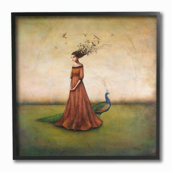 Stupell Industries 12 in. x 12 in. "Beauty and Birds in Her Hair Woman and Peacock Illustration" by Duy Huynh Framed Wall Art