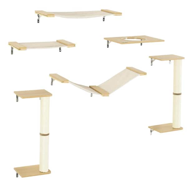 6-Pieces Cat Wall Shelves, Pet Wall-mounted Climbing Shelf Set with  Ladders, Scratching Posts, Jumping Platforms, Oak