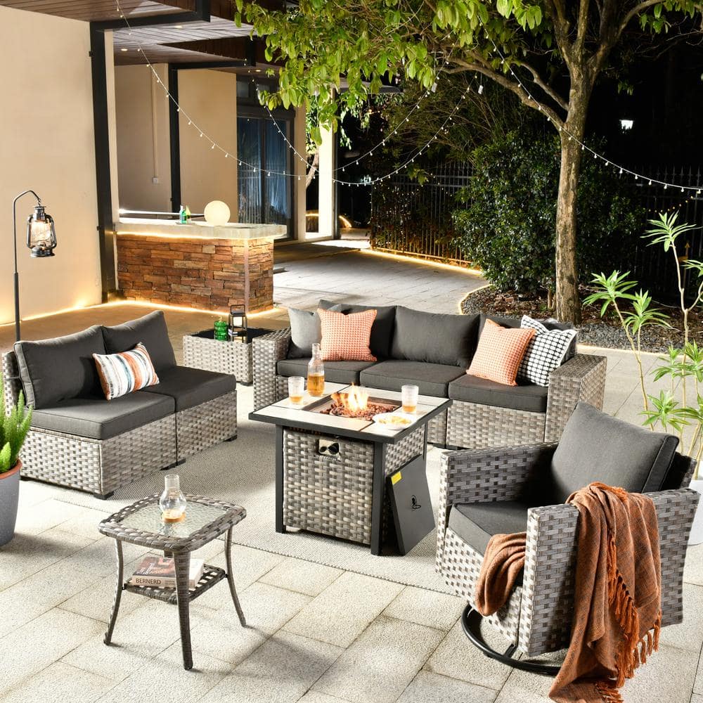 HOOOWOOO Tahoe Grey 9-Piece Wicker Outdoor Patio Fire Pit