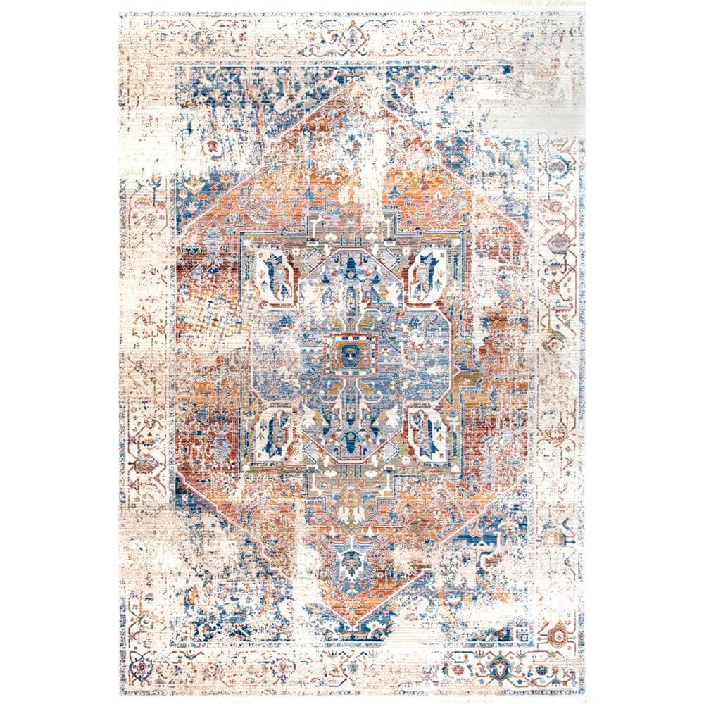 Ivory Synthetic Stain-Resistant Rectangular Area Rug 7x9