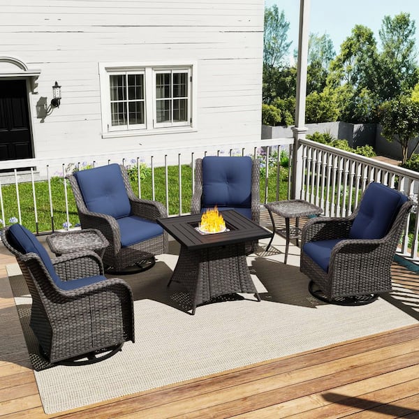 7-Piece Fire Pit Patio Set Wicker Outdoor Patio Conversation Set with Swivel Rocking Chairs and Blue Cushions
